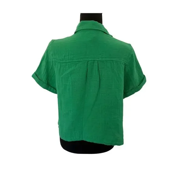 Old Navy Crinkle Gauze Button Down Shirt Green Loose Fit Short Sleeve NWT XS - Picture 7 of 11